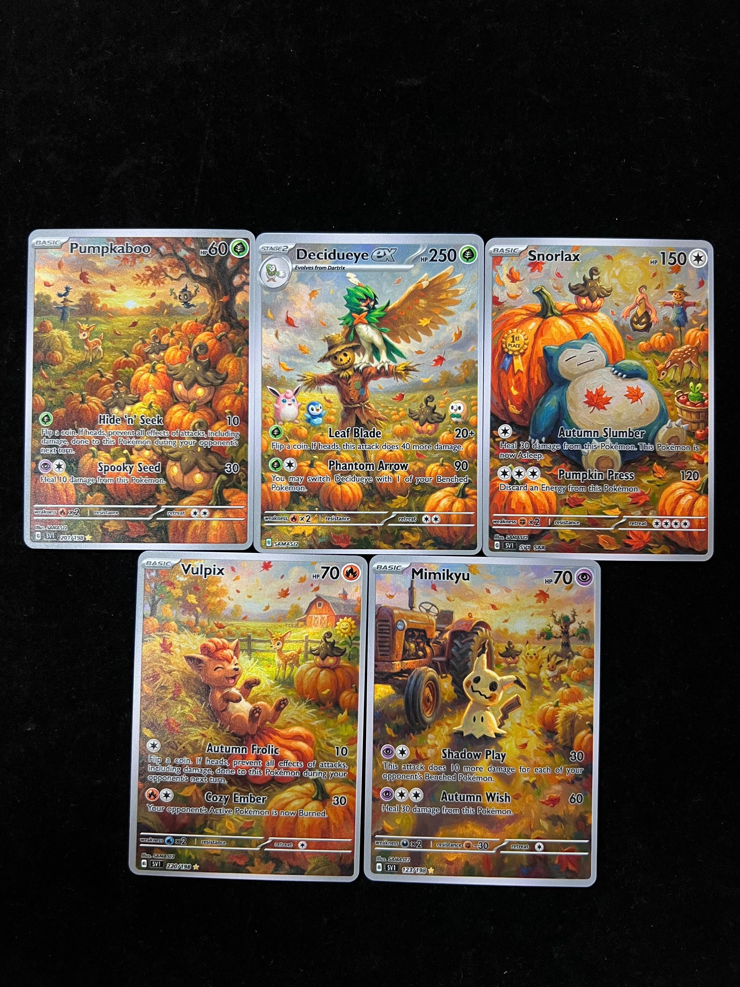 Pocket Monster Carnival Amusement Park 5 Cards Set,Mimikuy Vulpix Pumpkaboo Dccidueye Snorlax Full Art Collectible Cards