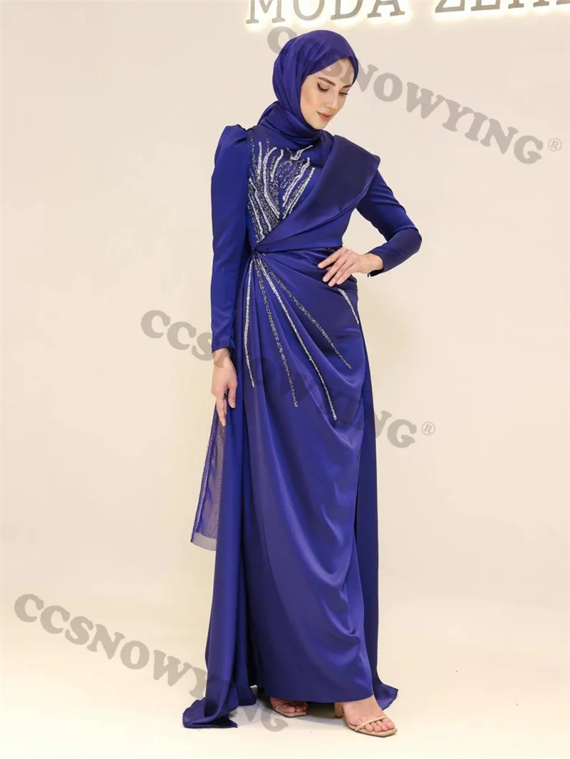 Gaun malam Hijab Muslim lengan panjang applique Satin manik-manik Islami wanita gaun pesta Formal Arab Saudi jubah De Soiree