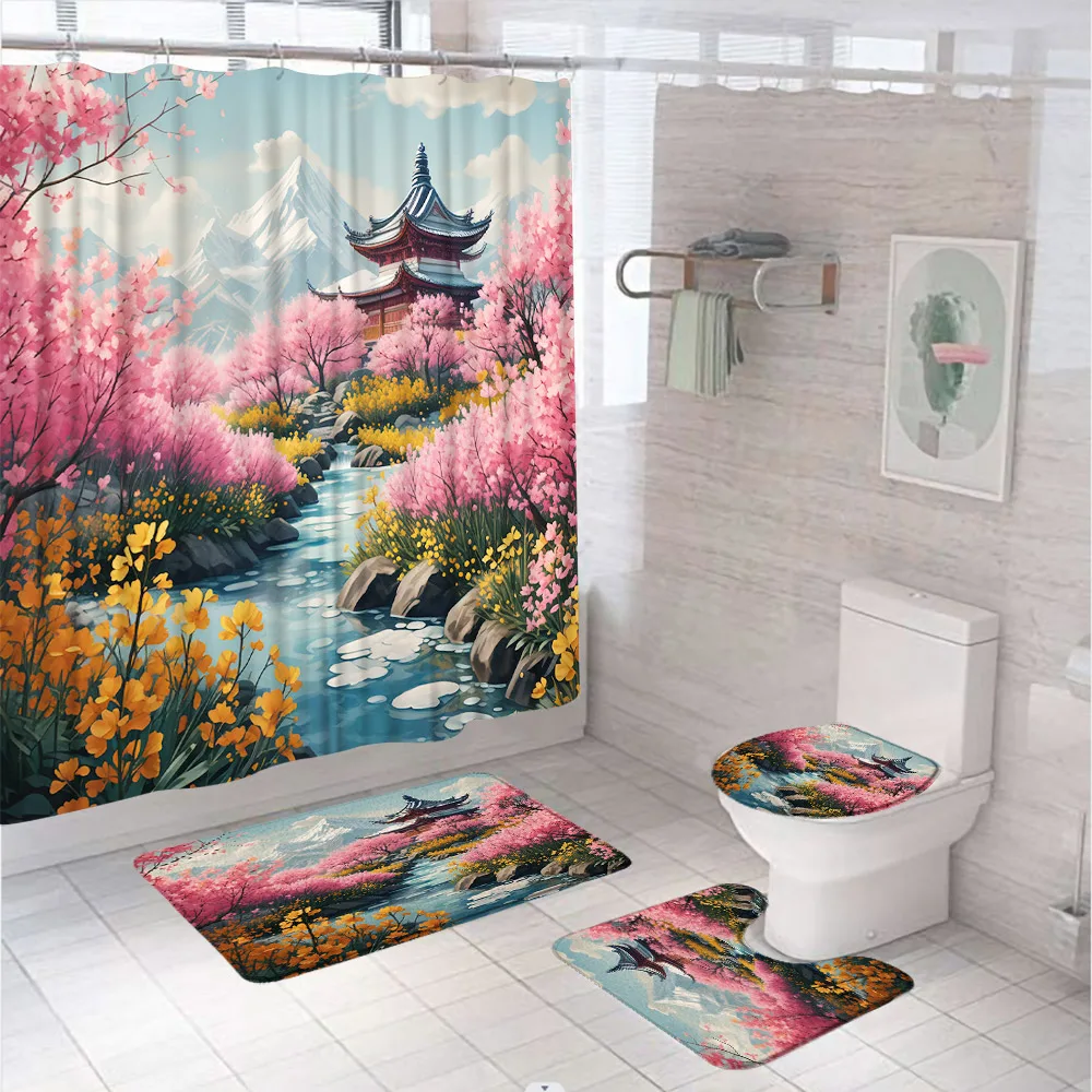 Floral Garden Scenery Shower Curtain Set Park Flower Mountain Bathroom Curtain Non-Slip Rug Toilet Cover Bath Mats Home Decor