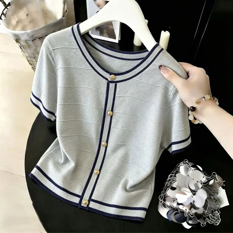 

Knitwears Knitted Sweater Women Pullovers Short Sleeve Spliced Knit Sweater Pullover Women Tops New Summer O-Neck Sweaters Q4590