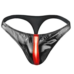 Men Sexy Faux Leather Thong Briefs Back Hollow Out Underpants Erotic Lingerie Low Waist G String Underwear Seductive Panties