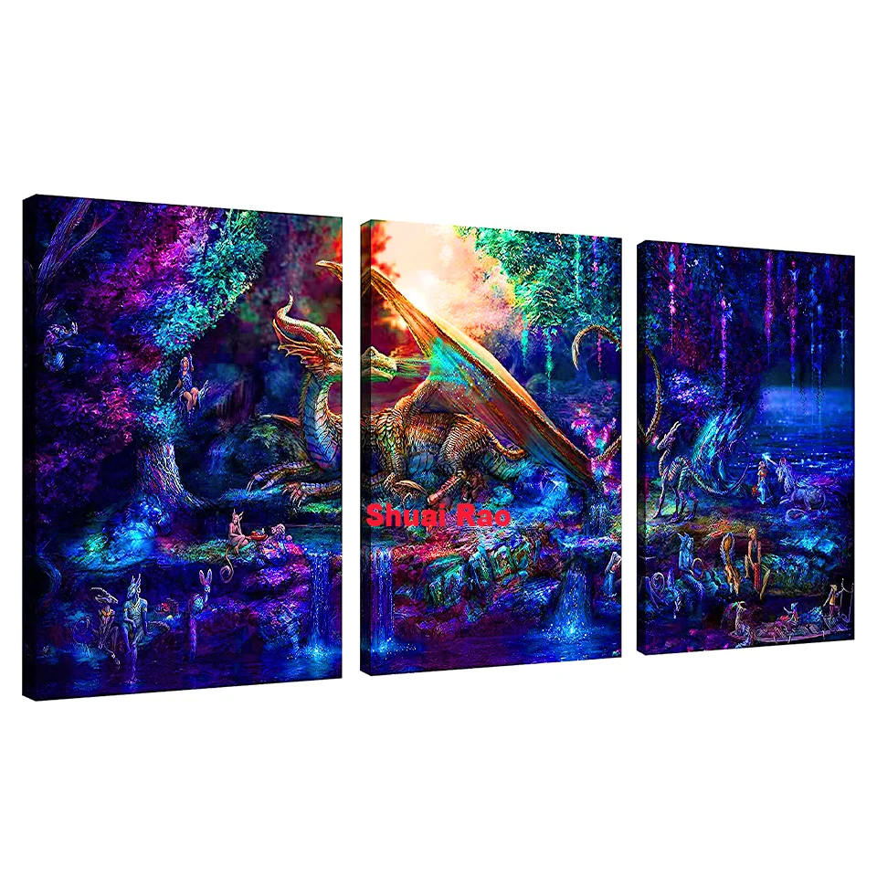 

3 Piece Psychedelic Dragon 5D Diamond painting Full Square Round Drill Diamond Embroidery Triptych Cross stitch kits Home decor