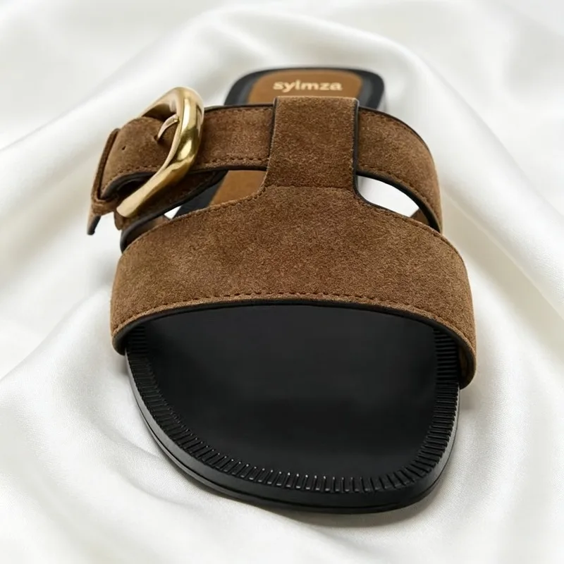 High-quality Faux Suede Flat Sandals Women Fashion Metal Buckle Decorated Square-toe Designer Shoes Summer Open-toe Beach Shoes
