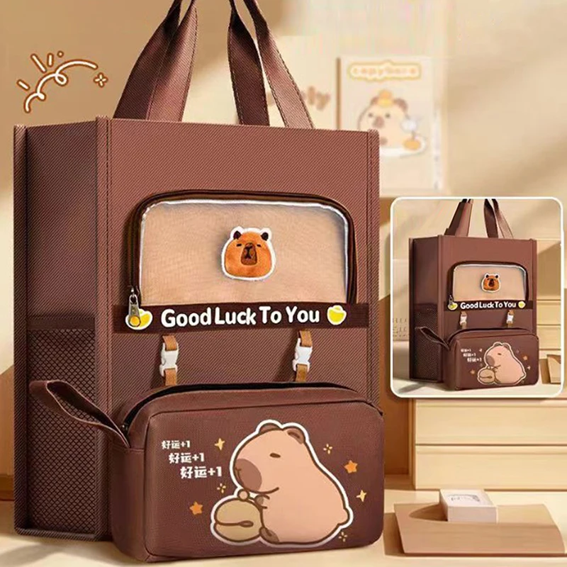 Cute Capybara Tote School Bag Side Mesh Pocket Detachable Pen Case Tutorial Handbag Large Capacity Partition Storage A4 File Bag