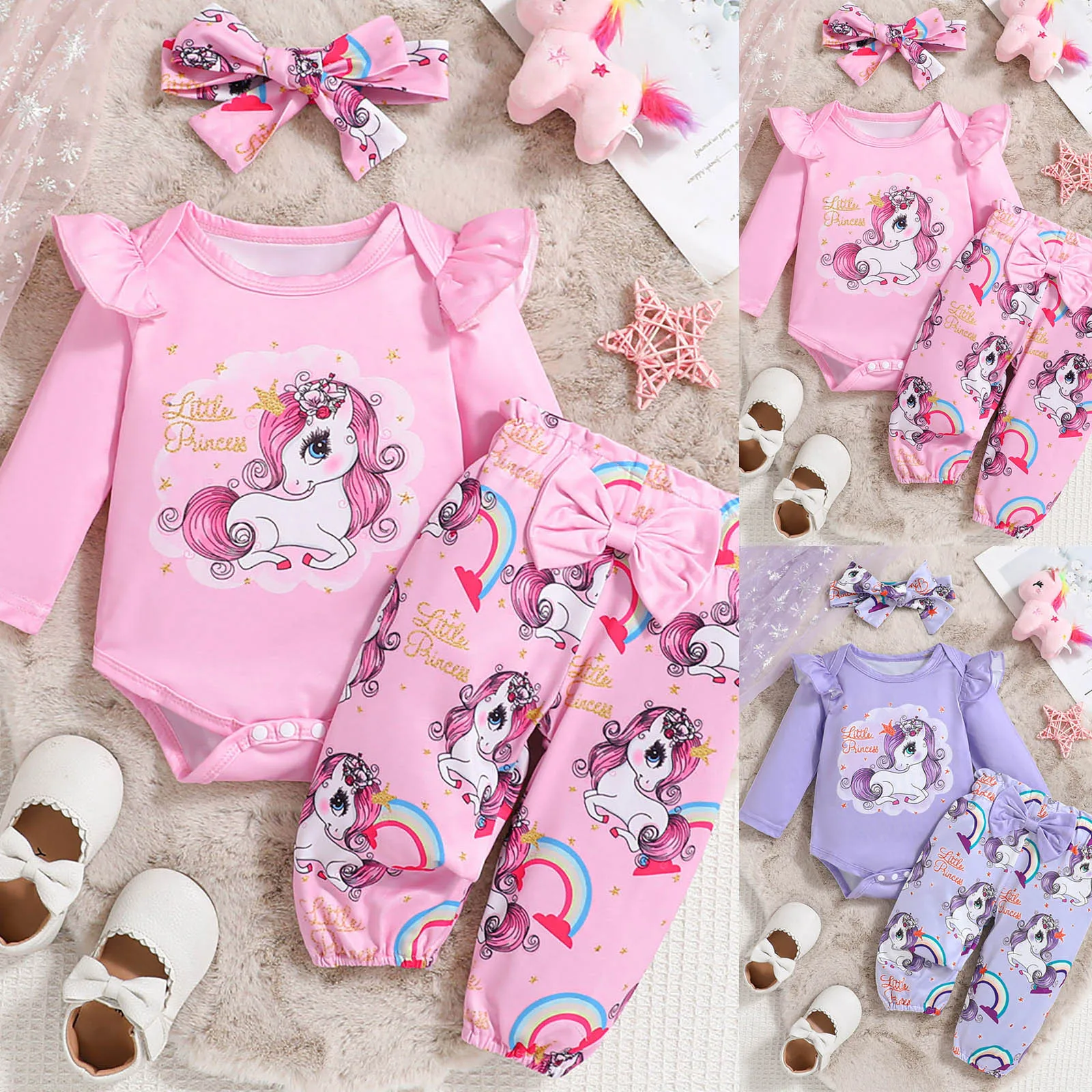 

Girls Spring Autumn Outfit Set Cute Unicorn Print Long Sleeve Bodysuit Long Pants Matching Headband Set Fashion Kids Clothing