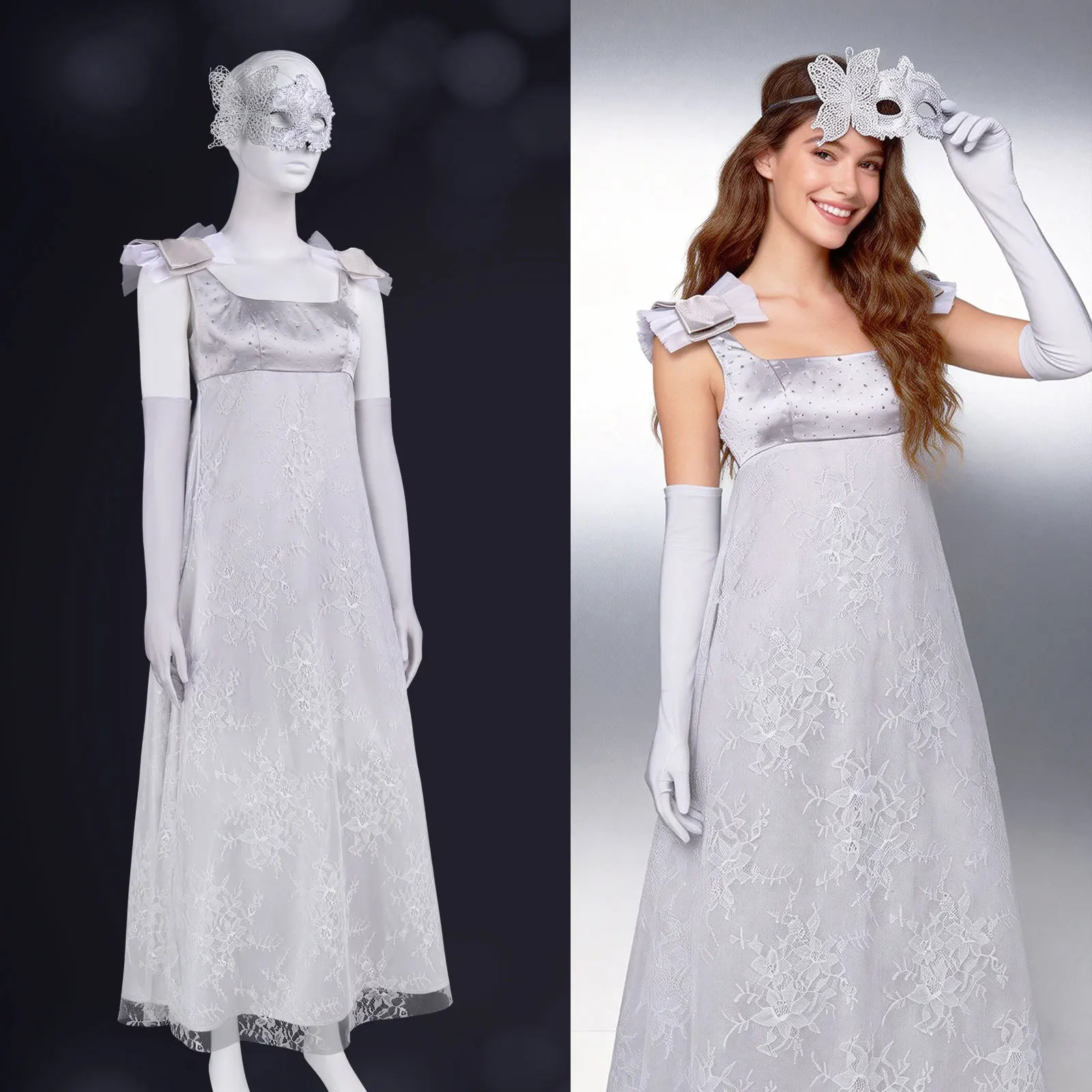 

Two-Piece Dress Set Medieval Regency Tea Party Women's Long Gown Lace-up Vintage Costume with Mask Halloween Dress