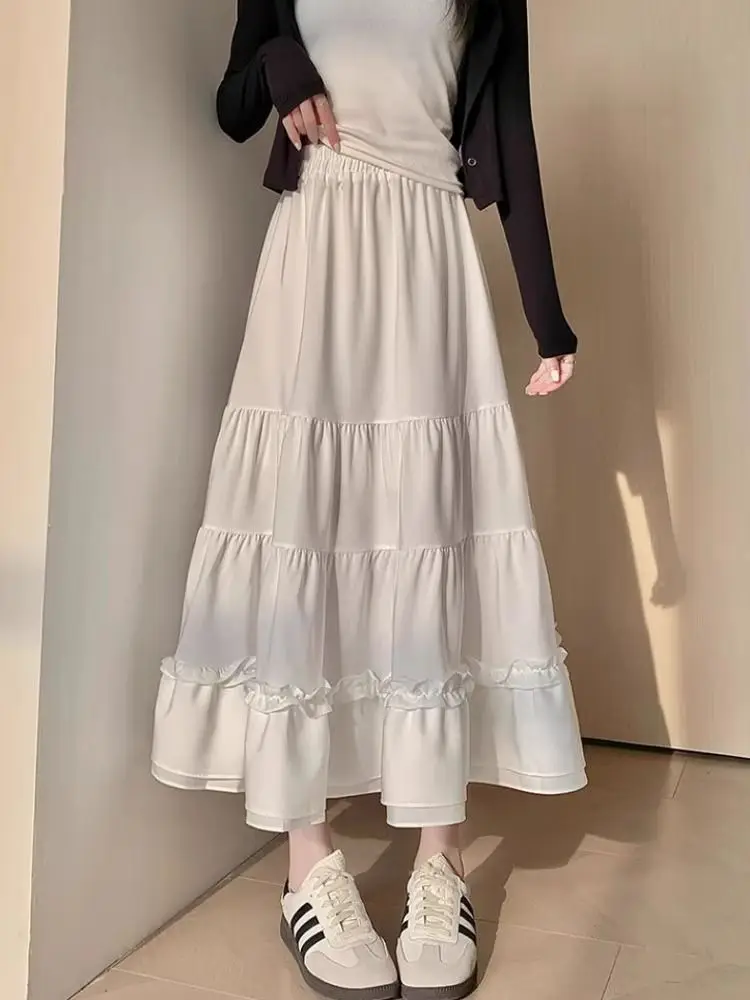 Summer New White Skirts Women Lovely Dating Casual Elastic Waist Sweet Faldas Japan Girls Edible Tree Fungus Fashion Long Style