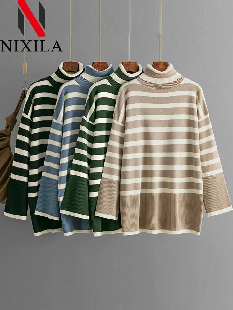 

Autumn Winter Striped Women's Pullovers High Collar Ladies Sweater Loose Casual Long Sleeves Tops Elegant Jerseys Women Clothing