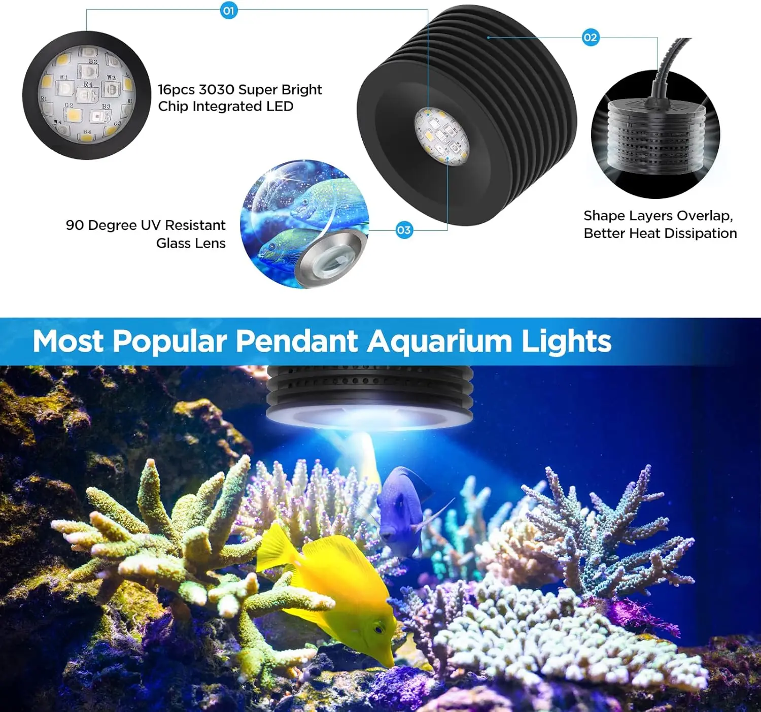 Full Spectrum LED Aquarium Light with Remote Control, Dimmable for Saltwater Fish Tanks, Clip-On Design