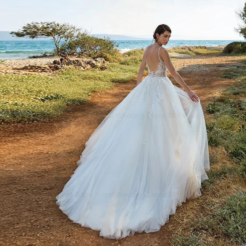 ANGEL Customized Spaghetti Straps Lace Wedding Dresses For Women Civil Simple Bride Party Tulle Appliques Beach Bridal Gowns