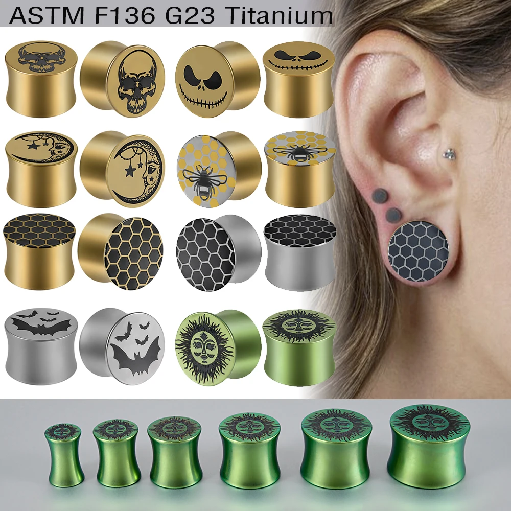 2PCS 18K Plated Goden Skull/Clown/Bat/moon/Sun Ear Tunnel&Plugs Titanium Alloy Pulley Expansion Ear Gauge Strenghed Earring