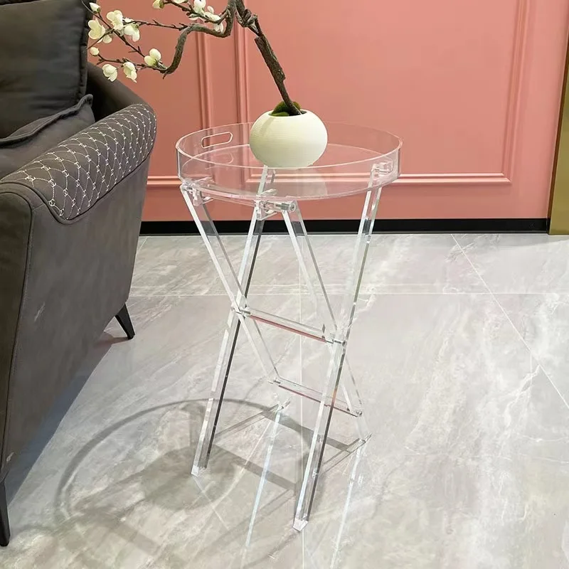 Acrylic Transparent Round Side Table Foldable Minimalist Coffee Table  Portable Balcony Corner Stand Tall Bedside Table