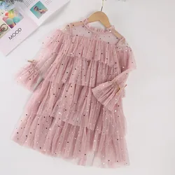 Spring 2022 New Girl Star Sequin Shining Long Sleeve Tutu Cake Princess Dress Baby Fairy Long Sleeve Lace Tutu Dresses Kid Cloth