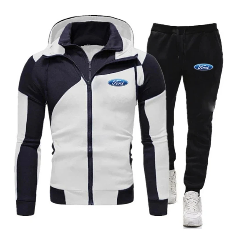 Men Fashion leisure Spring Autumn Matching Ford Logo Hoodie Tracksuit Hooded + Pants pair double Zipper Two-piece Suits