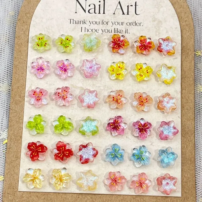 60PCS Fine Glitter Five Petal Flower Nail Charms Ice Transparent 3D Colorful Flower DIY Earrings Nail Art Decor Accessories