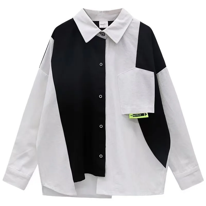 

Black White Patchwork Cool Shirt Children Boys Clothes Loose Fashion Show Streetwear Autumn Spring Kids Tops Shirts Teens