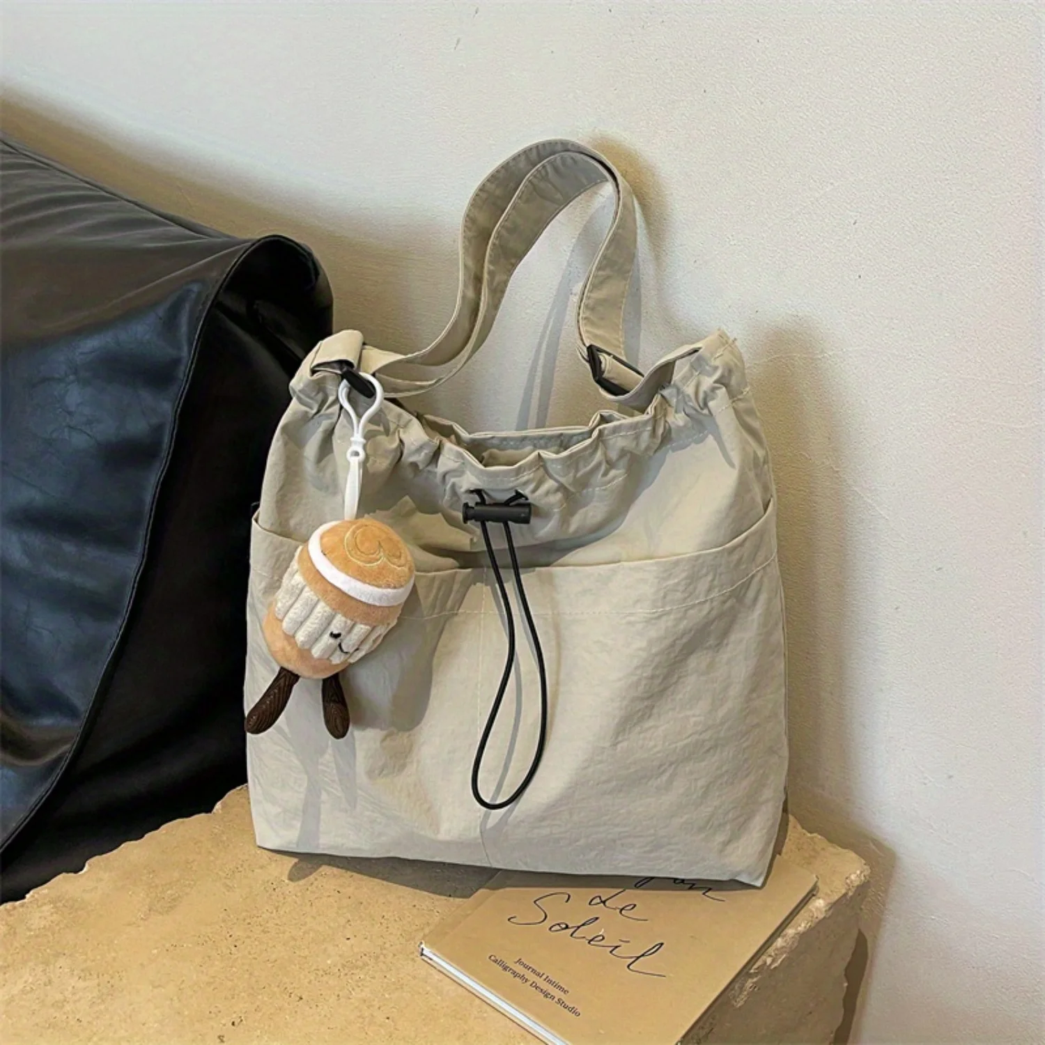 Large Capacity Nylon Tote Bag - Casual Drawstring Bucket Bag for Class and Commuting