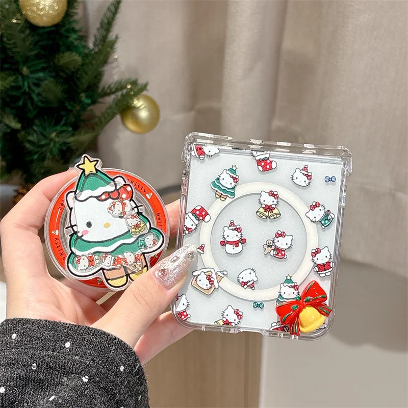 مضحك لطيف عيد الميلاد Hellokitty المغناطيسي قضية الهاتف لسامسونج غالاكسي Z فليب 7 6 5 ZFlip6 غطاء مع حامل حالات ل Magsafe Ca