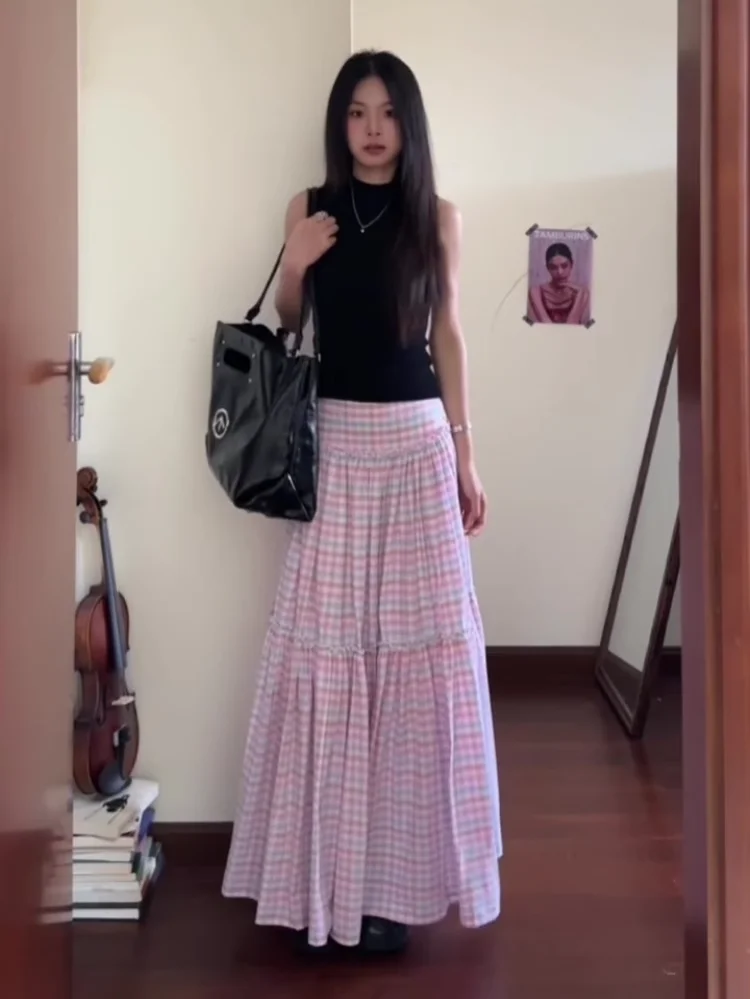 Rosa Plaid A-Line Midi Rock frauen Frühling Sommer Abnehmen Hohe Taille Vintage Plissee Kleine Größe Lange Rock Pendeln Sle