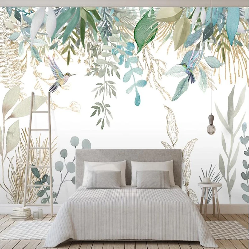 

Milofi Nordic hand painted small fresh tropical plant leaves flower and bird background mural