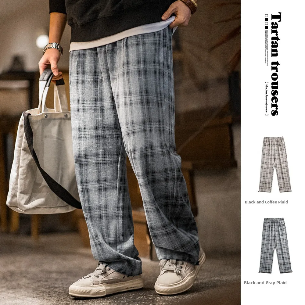 

Maden American Retro Workwear Loose Fit Straight Leg Dstring Trousers Men's Spring Thin Wide Leg Plaid Pants Casual