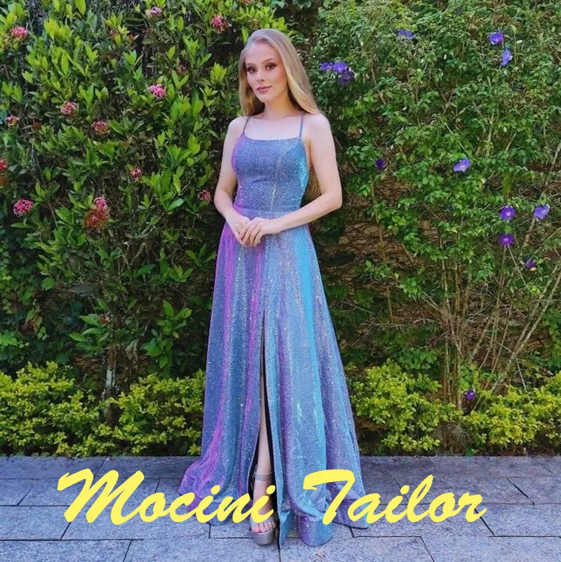 

2024 HOT Glitter Blue Steel fabric Split Evening Dress Beadings square collar elegant luckgirls Customizable Dress mocini tailor