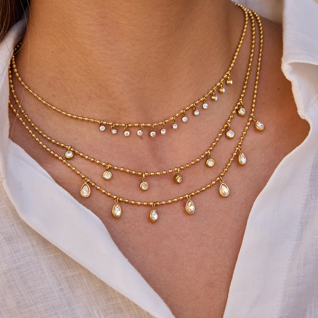 Ars Stainless Steel Beads Necklace for Women 18k Gold Plated Multi Charm Necklaces Shiny Zircon Necklace Dainty Choker Necklaces