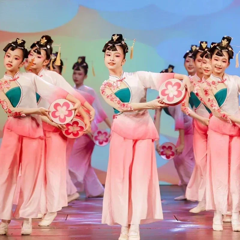 

Традиционная китайская одежда, древний Янко, народный танец, танцевальные костюмы с веером, классическая одежда для выступлений, костюм с талией для девочек