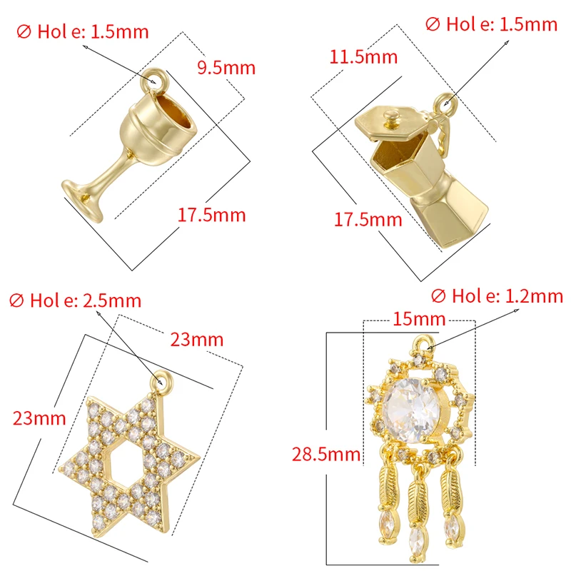 ZHUKOU 18K Real Golden Plated Kettle Wine Glass Tassel Wind Chime Jewelry DIY Ladies Crafts Jewellery Making Charms:VD1800VD1803
