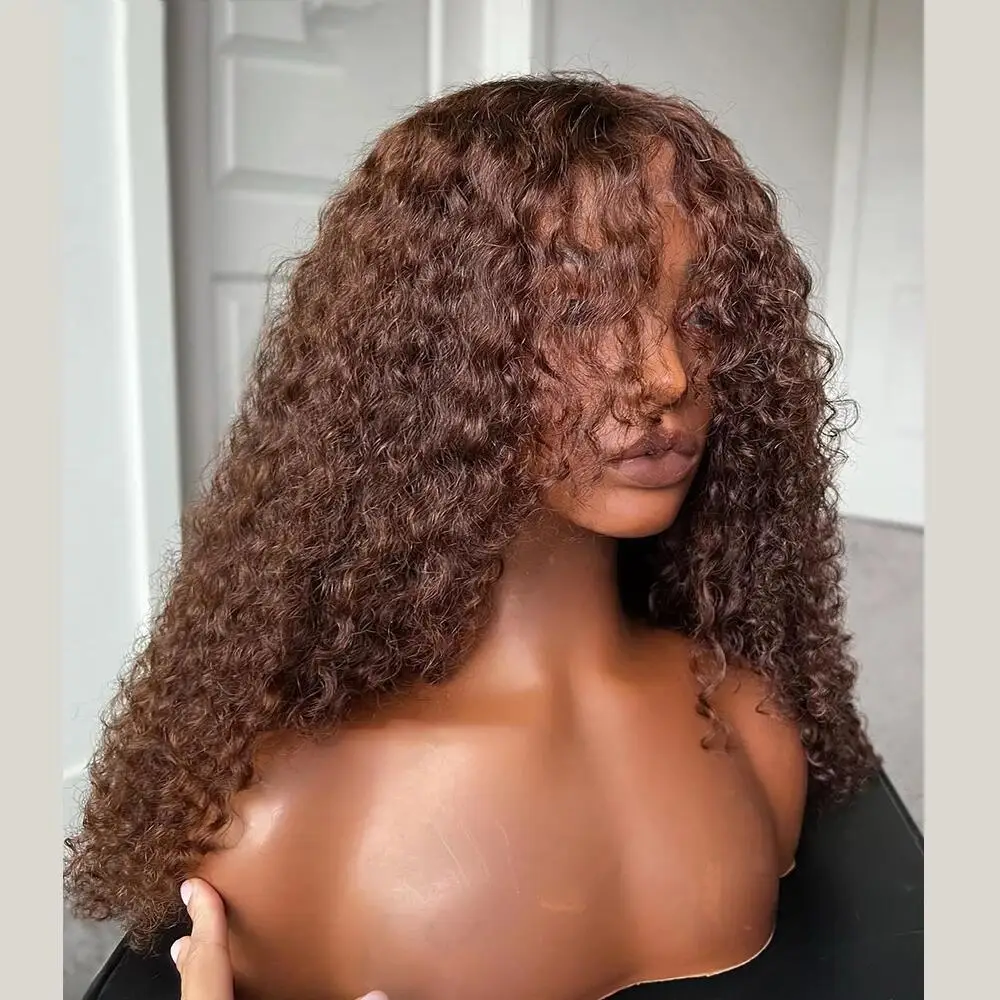 Long 26Inch180Density Soft Glueless Natural Brown Kinky Curly Lace Front Wig For Women With Baby Hair  Preplucked Synthetic