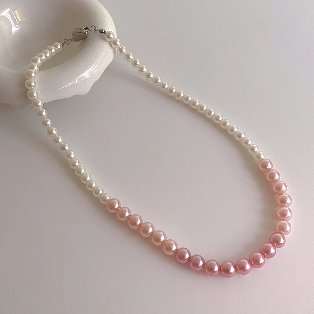 Minar Luxury White Pink Gradient Color Imitation Pearl Beaded Necklaces for Women Silver Plated Copper Toggle-clasp Chokers