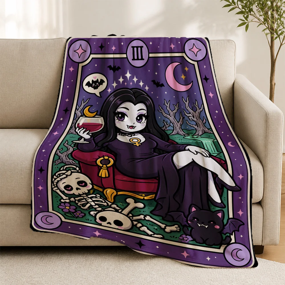 Midnight Witchy Gothic Queen Sorceress Throw Blanket Sofa Cover Skeleton Spooky Halloween Decoration Purple Aesthetic Witchy Hom