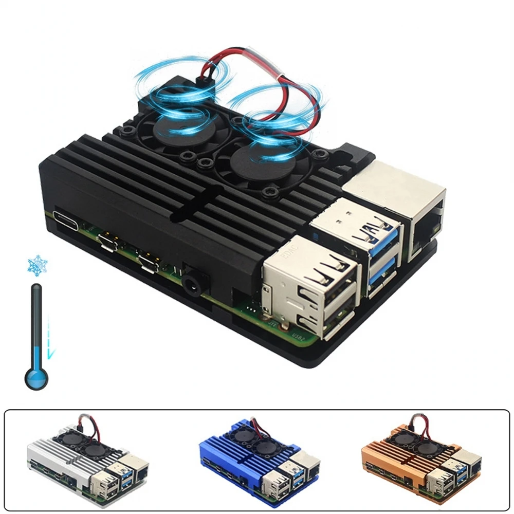 

For Raspberry Pi 4 Model B Aluminum Case Dual Fan Metal Shell with Two Fan Heat Sinks Passive Cooling for Raspberry Pi 4B