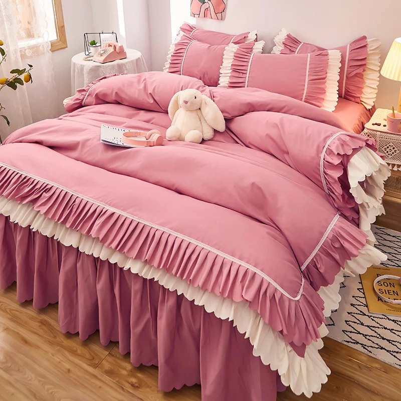 4pcs Couple Bed Quilt Set Sheet Bedsheet Bedspread Queen Size Luxury Pink Duvets Cover Linens Comforter Bedding With Pillowcases