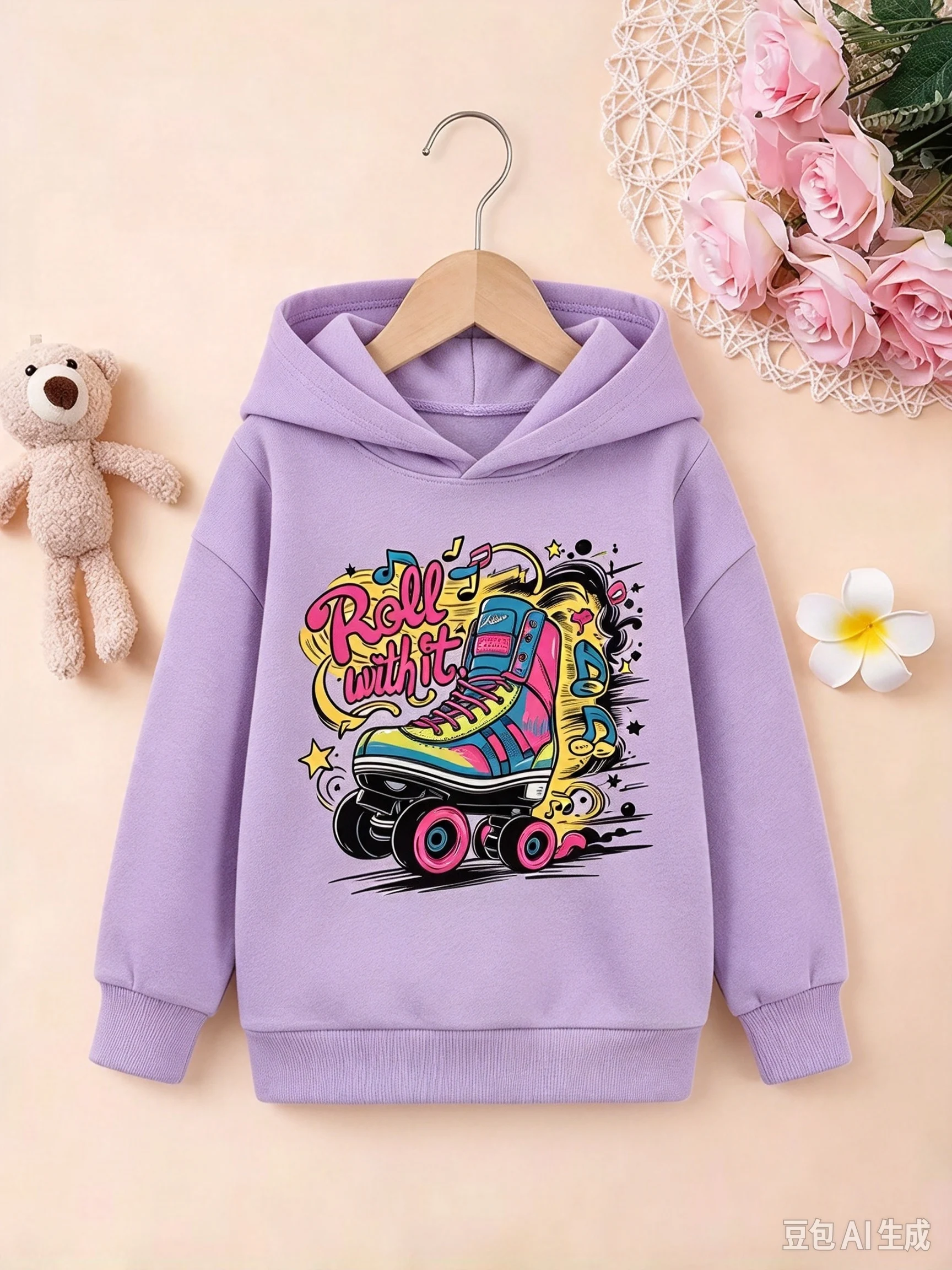 Boys Girls Retro Hooded Sweatshirt Colorful Roller Skate Graphic Print Kids Long Sleeve Hoodie Casual Pullover Tops For Children