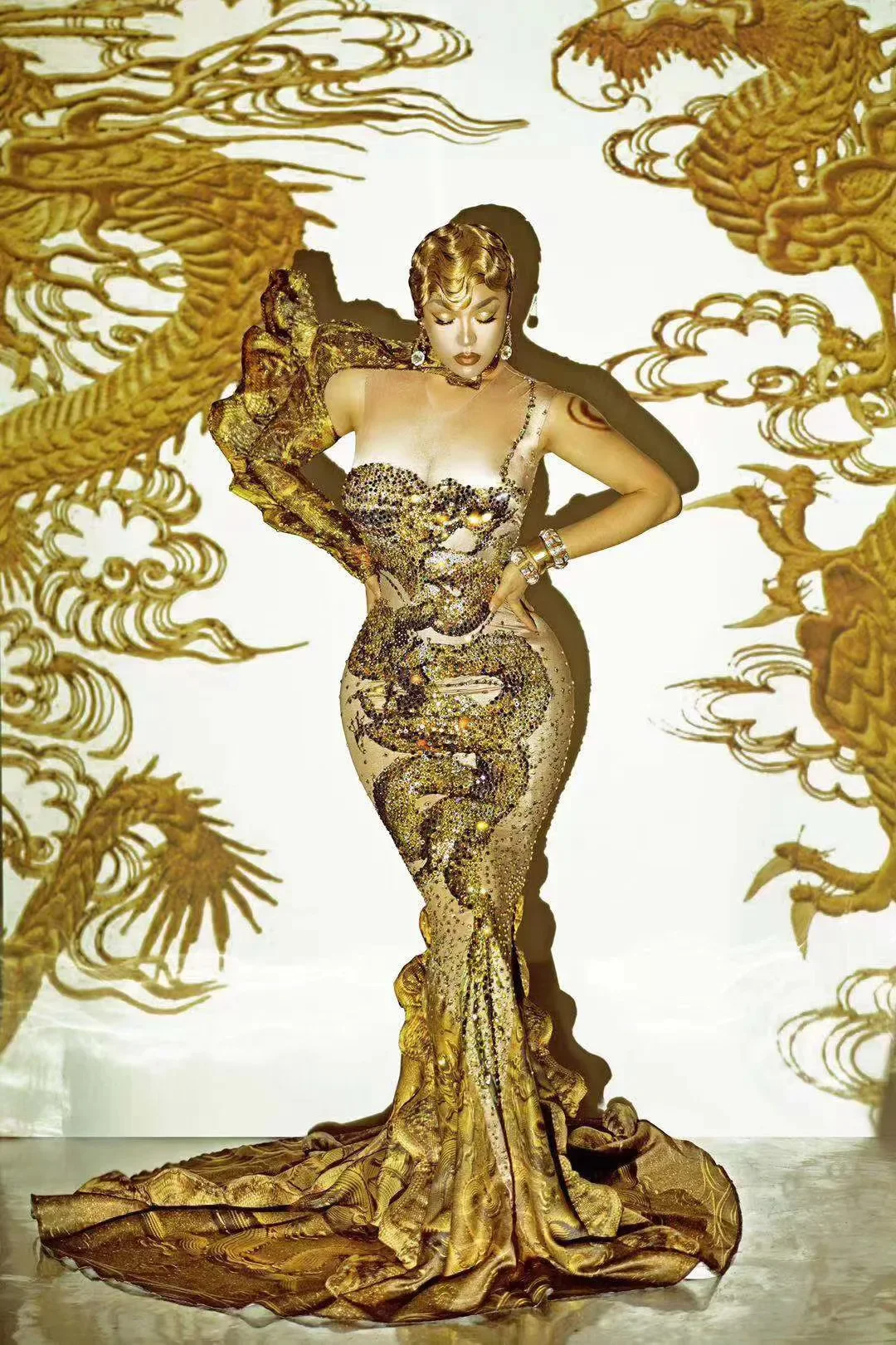 

luxury rhinestones Gold Dress ruched 3D print one shoulder Long Mermaid Elegant Evening designer clothes drag queen stage outfit