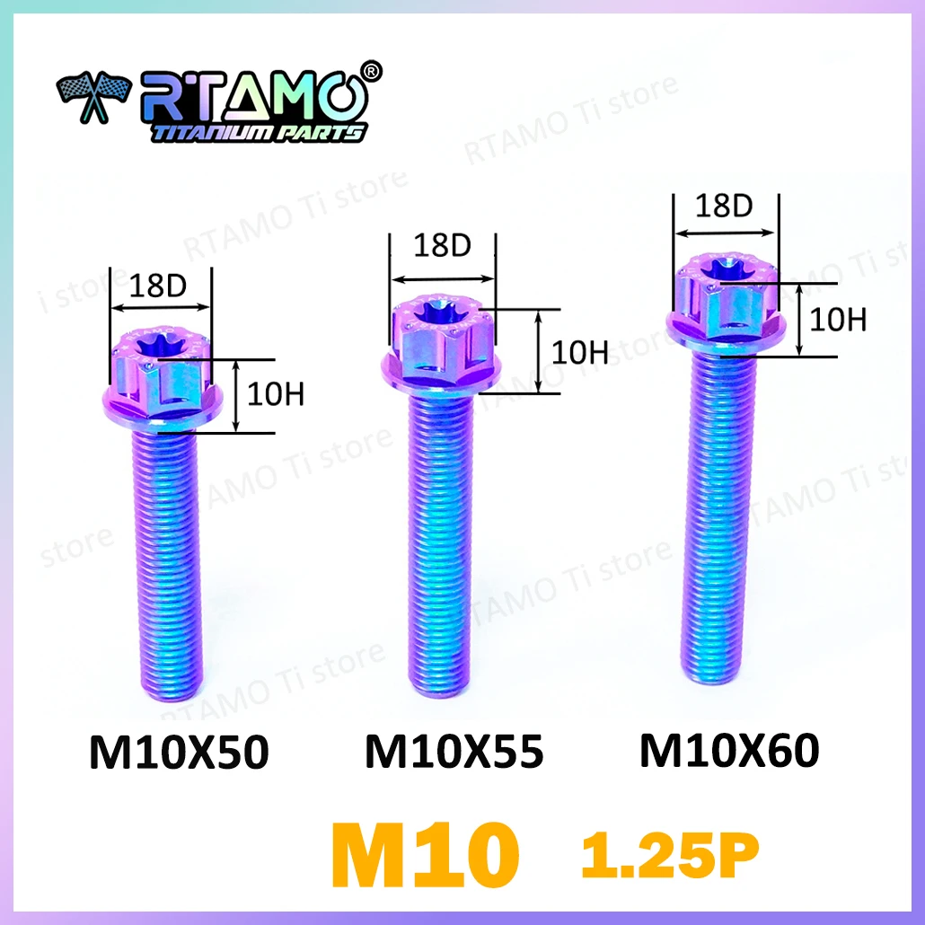 RTAMO Gr5 Titanium Bolt M10x50/55/60x1.25P Full Thread for Bike Motorcycle Pipe Screw Decoration
