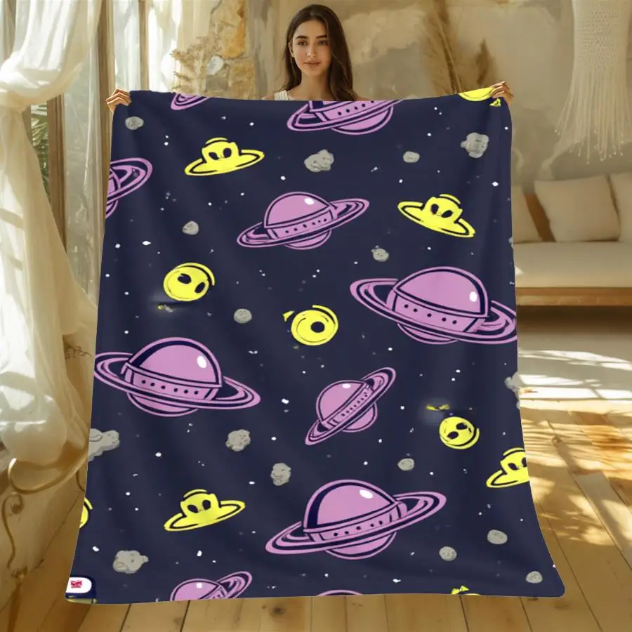 Cartoon Colorful Planets Stars Deep Space Repeat Flannel Throw Blanket, Solar System Outer Space Blanket for Room