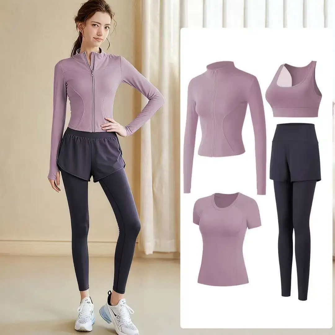 

Women's Yoga Fitn Sportswear Set Long Sve Qui Dry Running Outfit Gym Workout Clothes Four Piece Set round Ne Tank Top