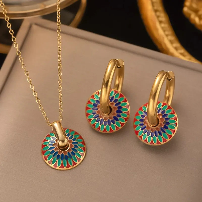 Vintage Painted Daisy Pattern Design Stainless Steel Necklace Earrings Set Female Creative Ethnic Style Jewelry Accessories