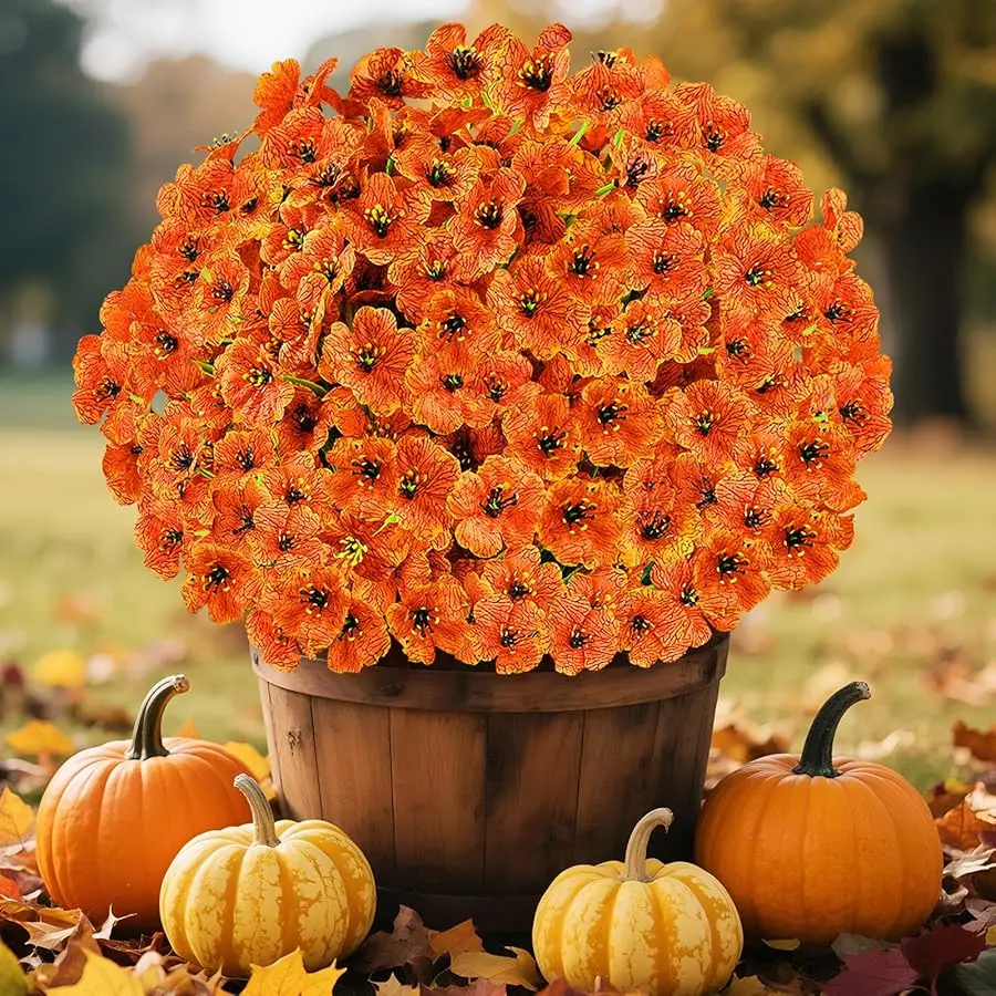 

24 Bundles Artificial Fall Flowers for Outdoors, Realistic Fake Silk Flowers for Outside Decoration, Autumn Faux Plants Outdoor
