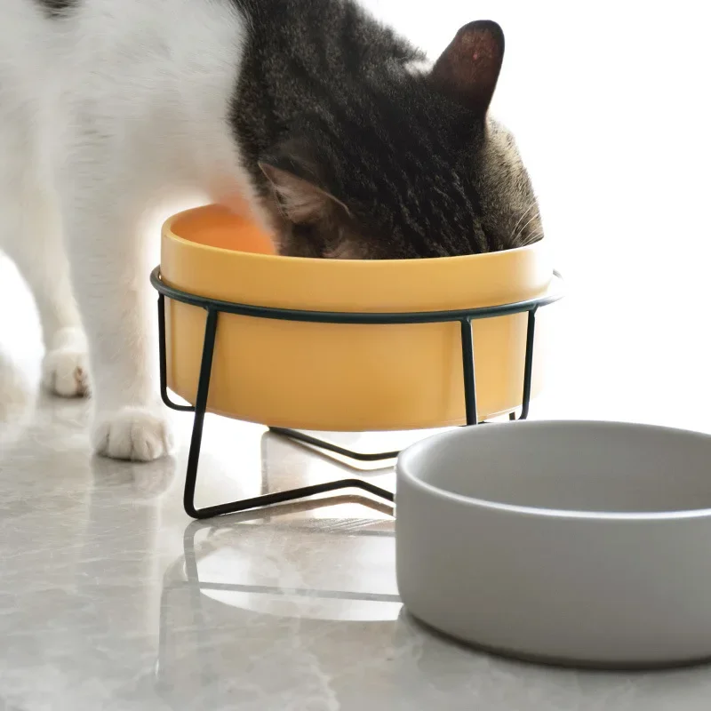 Ceramic Cat Bowl with Black Iron Stand Dog Bowl Drinking Food Bowl