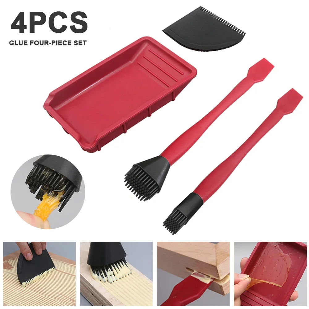 

4Pcs Soft Silicone Woodworking Glue Tools Kit Wide Brush Narrow Brush Thin Blade Shovel Flat Scraper Glue Tray Wood Gluing Tool