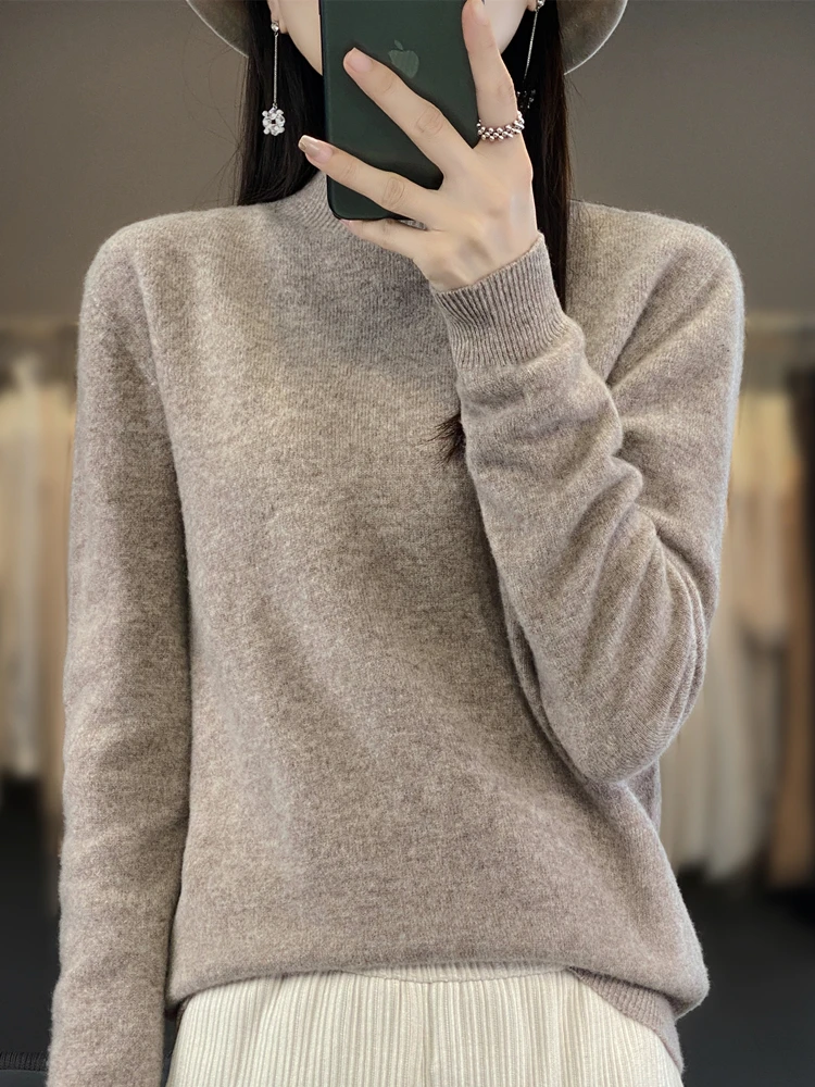 Merino Wool Sweater Women's Semi High Neck Casual Fashion Base Sweater Soft Knit Sweater