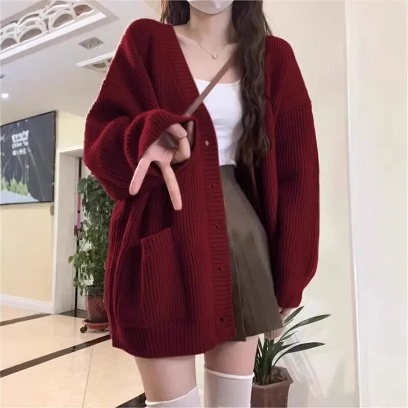 

Рождественский вязаный свитер, женский свитер средней длины с v-образным вырезом, красное пальто в ленивом стиле, верхняя одежда, полиэфирное волокно, чистый цвет, с длинным рукавом