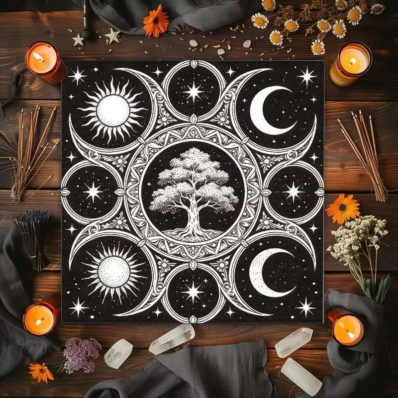 VIKAMA Tree of Life Sun Moon Moon Phase Stars Altar Cloth Tarot Cards Tablecloth Witch Astrology Divination Ceremony Mat