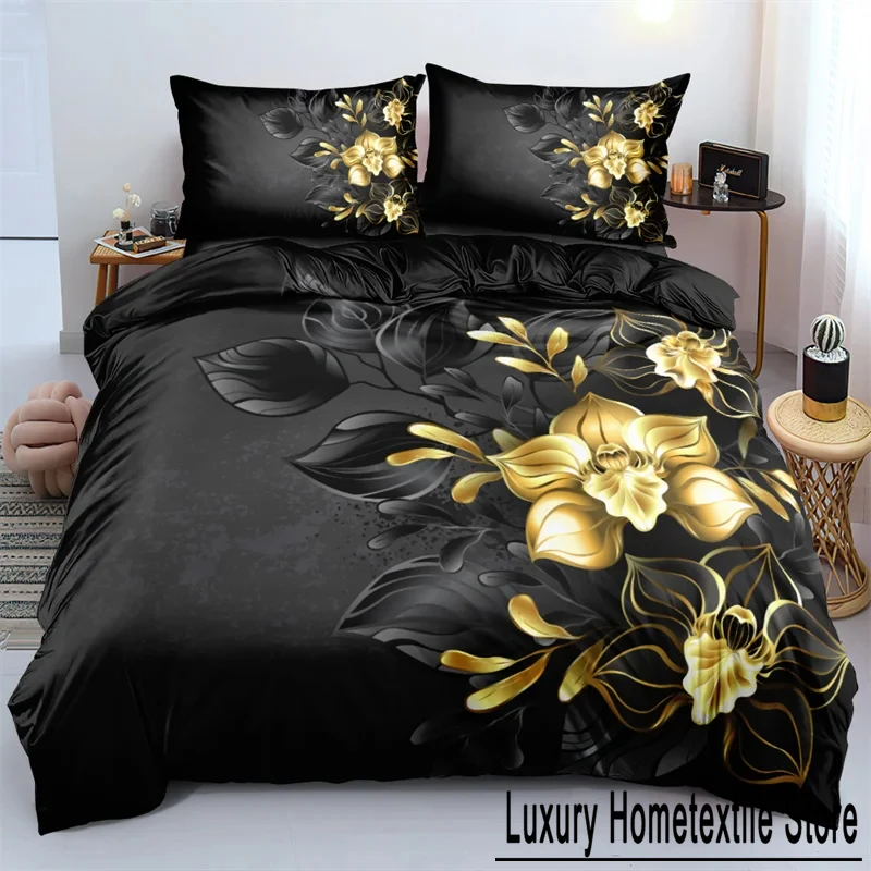 3D Design Flower Duvet Cover Sets King Queen Twin Size Floral Print Bedding Set Bedroom Decor Dark Gold Flowers for Girls Women