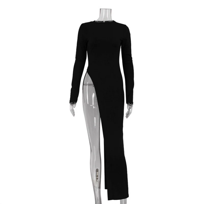 2025Spring and Autumn New Fashion Irregular Slit Solid Color Round Neck Long Sleeve Dress Women's Wholesale