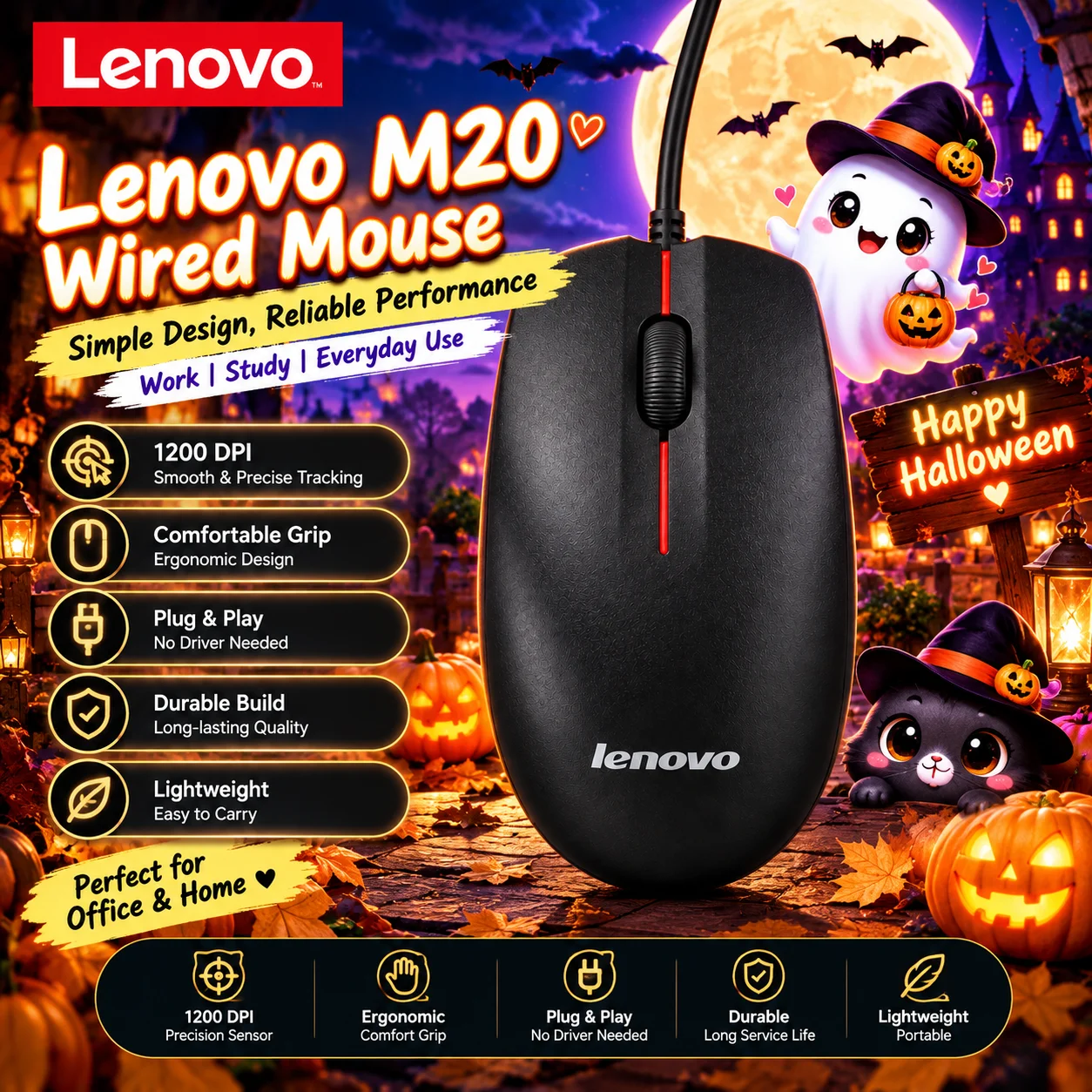 Lenovo M20 Halloween Wired USB Optical Mouse 3 Button Plug & Play Smooth Cursor Control for PC Laptop Office