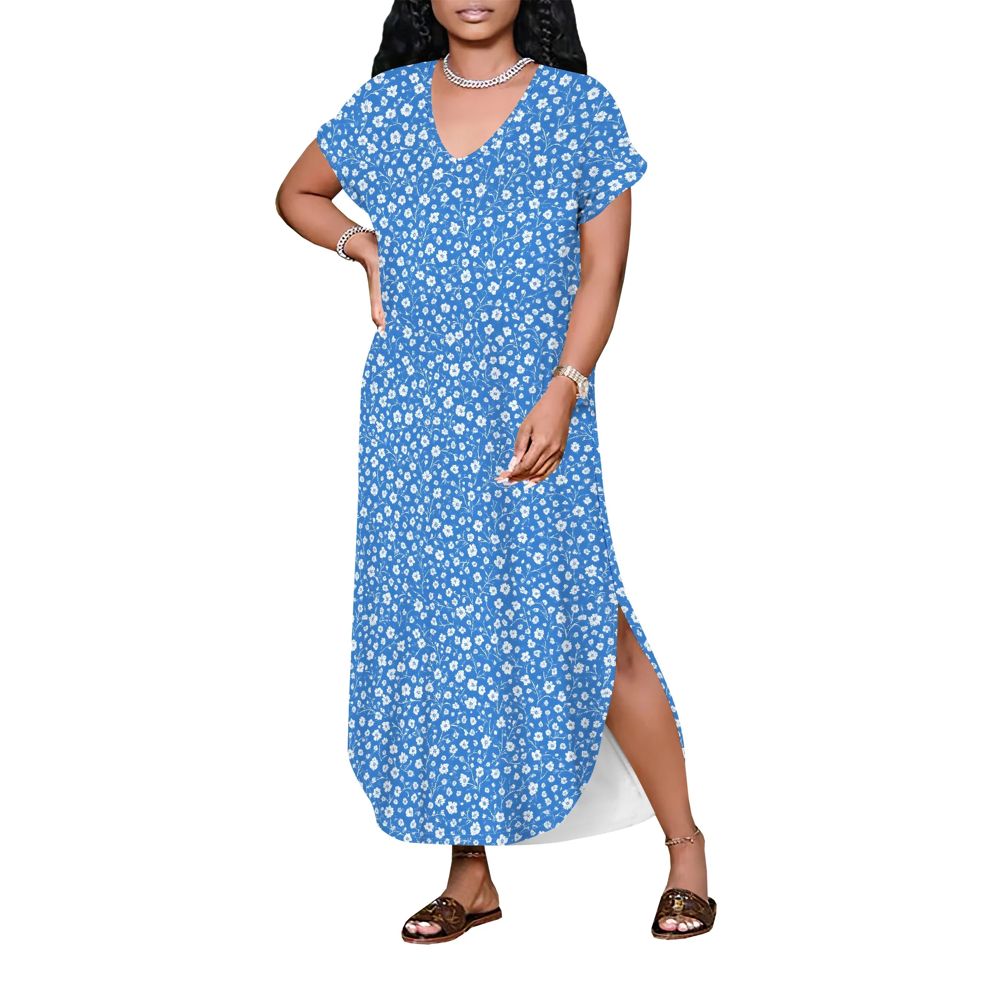 ผู้หญิงฤดูร้อนลําลองแขนสั้น V คอ TShirt ชุดยาวหลวมด้านข้างแยก Beach Maxi Dresses พร้อมกระเป๋า